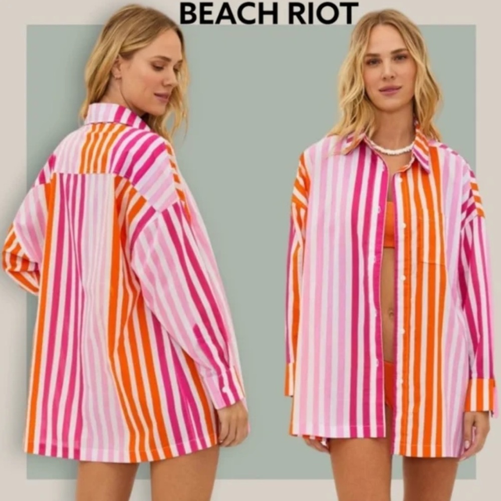 Beach Riot Pink, Orange & White Striped Oversized Swim Coverup Shirt